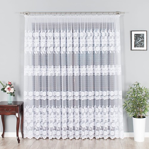 Przejdź do produktu Firanka biała żakardowa pasowa w kwiaty wysokość 250 cm 049360