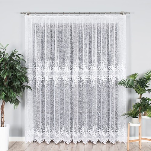 Przejdź do produktu KUPON 660x250 cm Firana biała żakardowa ze wzorem pasowym  049310