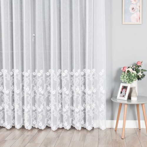 Przejdź do produktu Firana haftowana biała z kwiatowym wzorem wysokość 280 cm 033385