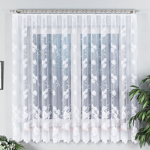 Przejdź do produktu Firanka biała gotowa na taśmie z liściastym wzorem 300x180 cm MAG616. Na wymiar