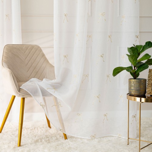 Przejdź do produktu Firanka na taśmie z haftowanymi złotymi kokardkami 140x250 cm 002/W19