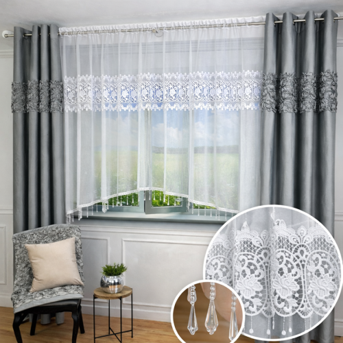 Przejdź do produktu Firana na taśmie z gipiurową aplikacją i koralikami 300x160 cm H21