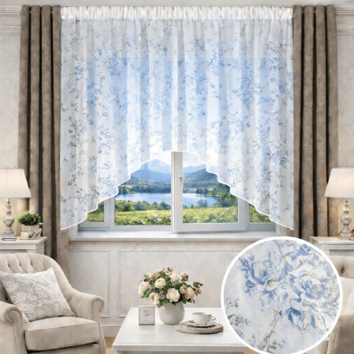 Przejdź do produktu Firanka na taśmie w łuku z wypalanym wzorem kwiatowym 300x150 cm H16