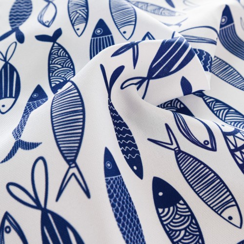 Przejdź do produktu Tkanina dekoracyjna wodoodporna niebieska szerokość 160 cm RYBKI 