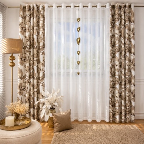 Przejdź do produktu Gotowa zasłona z mikrofibry ecru w botaniczny beżowy wzór na przelotkach 140x250 cm U8