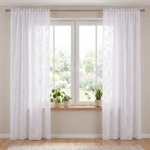 Przejdź do produktu  Firana gotowa haftowana na taśmie 140x250 cm biała wzór kwiatowy U2