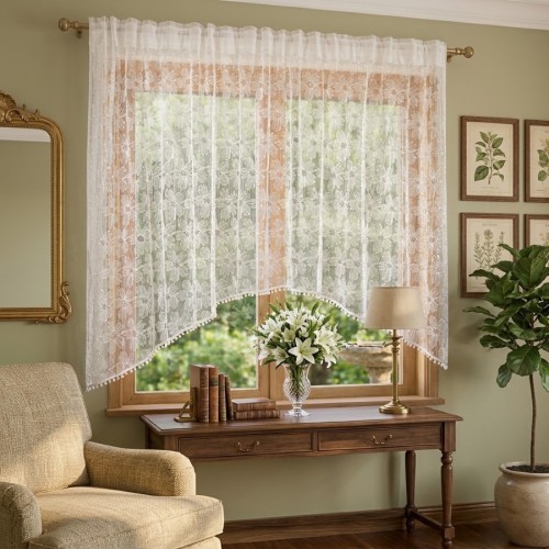 Przejdź do produktu Firana gotowa w łuk na taśmie kwiaty 3D cekiny pomponiki 300x140 cm H29