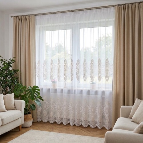 Przejdź do produktu Firana haftowana na metry podkład naturalny wypukły biało-beżowy ornament wysokość 280 cm 249767