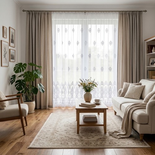 Przejdź do produktu Firana na metry haftowana etamina ornamenty szeroki pas haftu wysokość 280 cm 39061