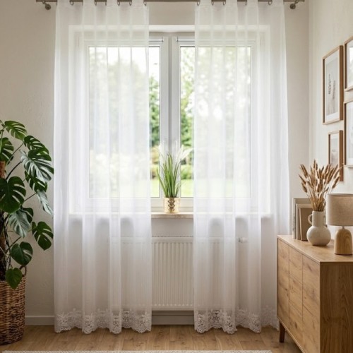 Przejdź do produktu Gotowa firanka woalowa na przelotkach z gipiurą 145x250 cm H28