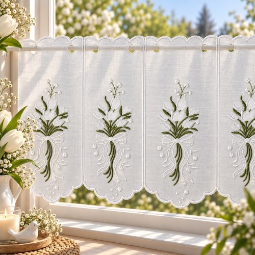 Przejdź do produktu Zazdrostka haftowana panelowa białe tulipany kokarda 16x40 cm MZ2