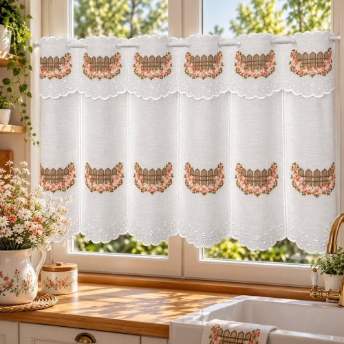 Przejdź do produktu Haftowana zazdrostka panelowa wzór płotek z kwiatami 16x60 cm MZ4