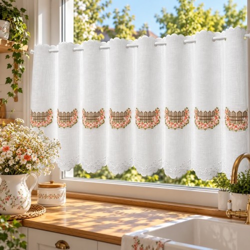 Przejdź do produktu Haftowana zazdrostka panelowa wzór płotek z kwiatami 16x90 cm MZ4