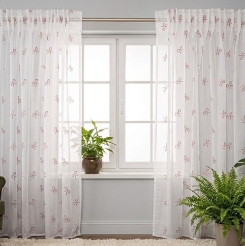 Przejdź do produktu Gotowa firana woalowa biała na taśmie z kokardkami czerwonych cyrkonii 140x250 cm RIBBON/002